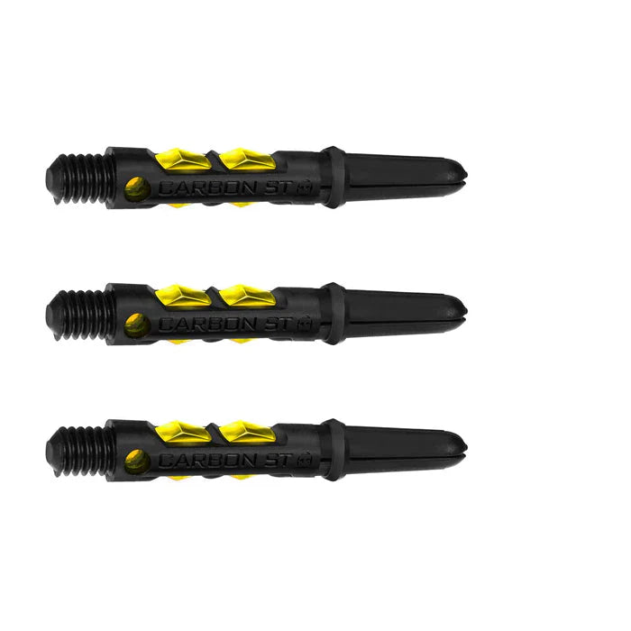 Three black and yellow carbon dart shafts, side view, on white background highlighting textured grip and threaded base.