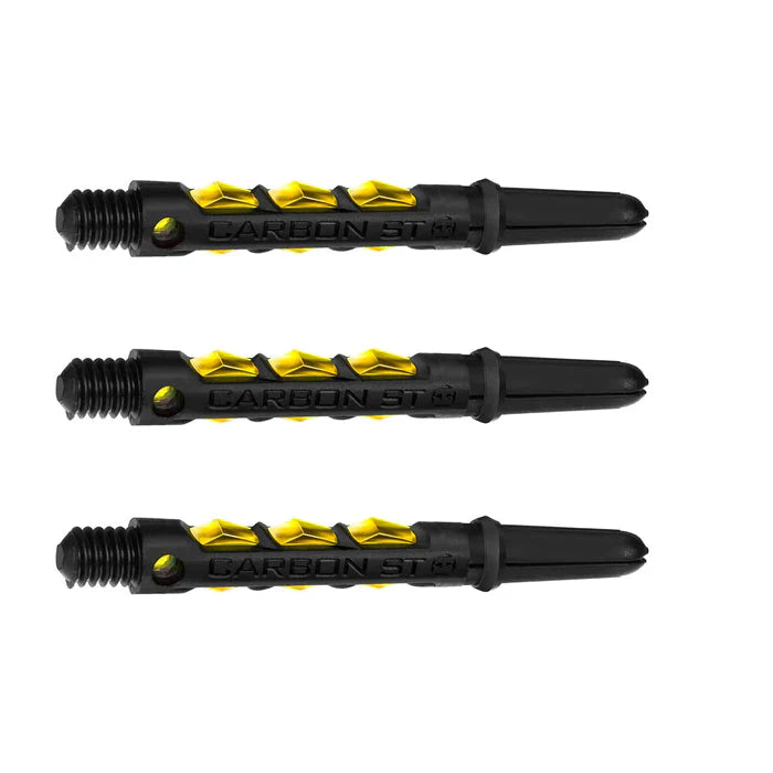 Three carbon composite dart shafts with yellow grip accents and threaded ends displayed side by side on white background