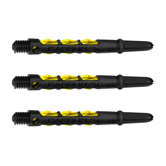 Three carbon dart shafts with yellow accents and textured grip, full product view on white background for darts accessories