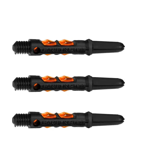 Set of three black carbon dart shafts with orange dual injection details, full view on white background for dart accessories
