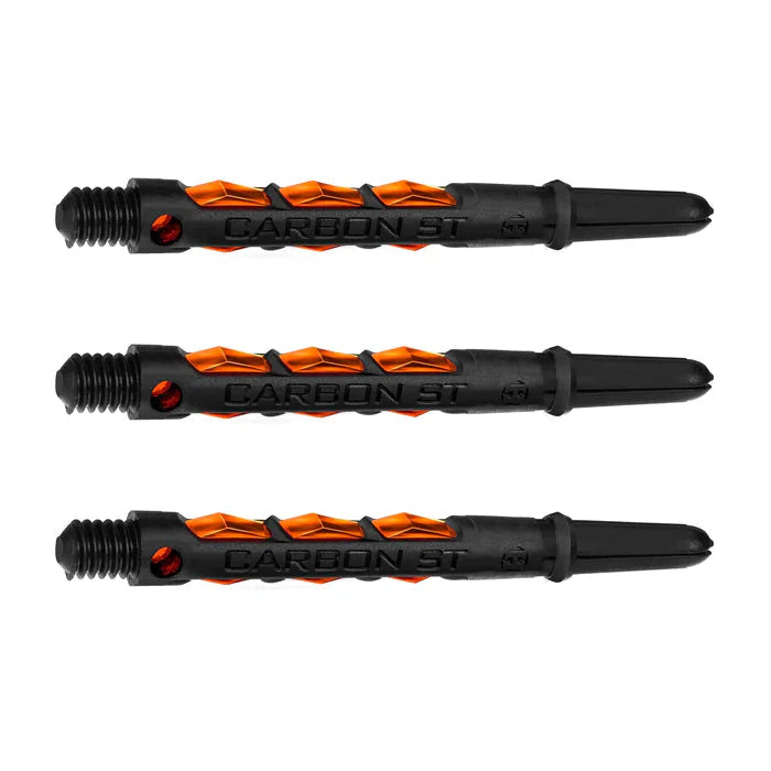 Three carbon dart shafts with orange accents, full view on white background, displaying textured grip and reinforced stem design