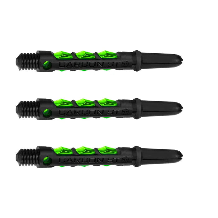 Three Carbon ST dart shafts with black and green carbon texture, threaded tips, full view on white background for dart equipment buyers