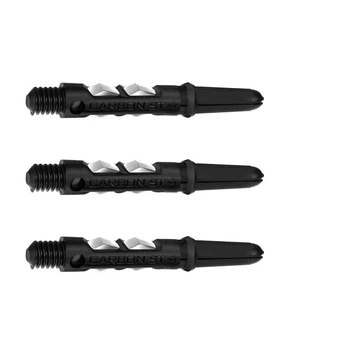 Three black carbon dart shafts arranged horizontally on white background, highlighting dual-injection cutout design and threaded ends