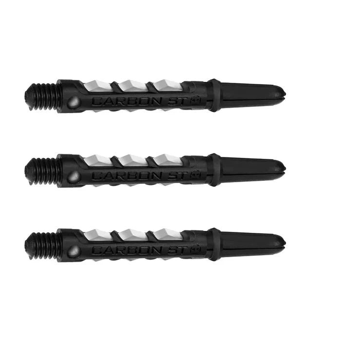 Set of three carbon dart shafts with textured grip and CARBON ST engraving, full product view on white background