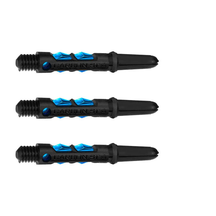 Three carbon dart shafts with blue accents, grip texture, and threaded ends, full product view on white background