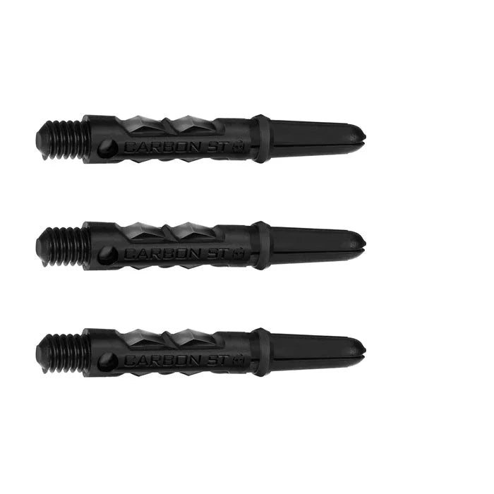 Three black carbon dart shafts with textured grip and threading, horizontal full product view on white background