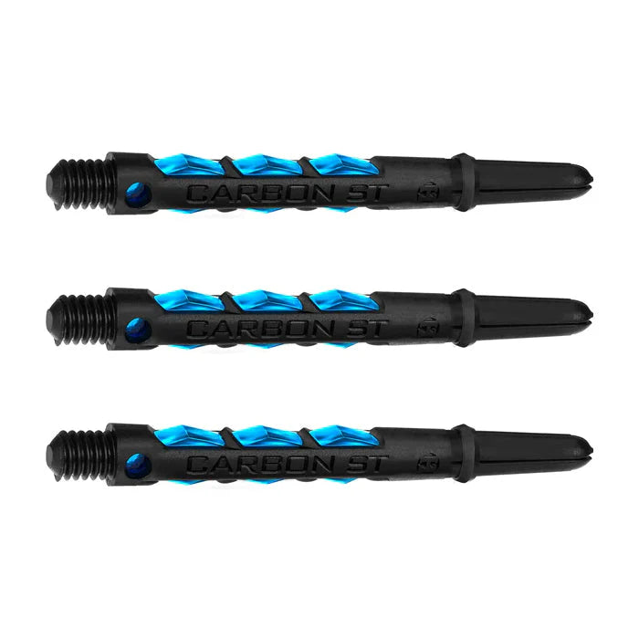 Three carbon dart shafts with blue inlays and threaded bases shown side by side on white background