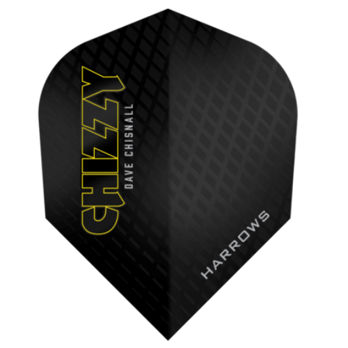 No.6 dart flight full view with Chizzy yellow lettering, black diamond texture, Harrows logo, isolated background