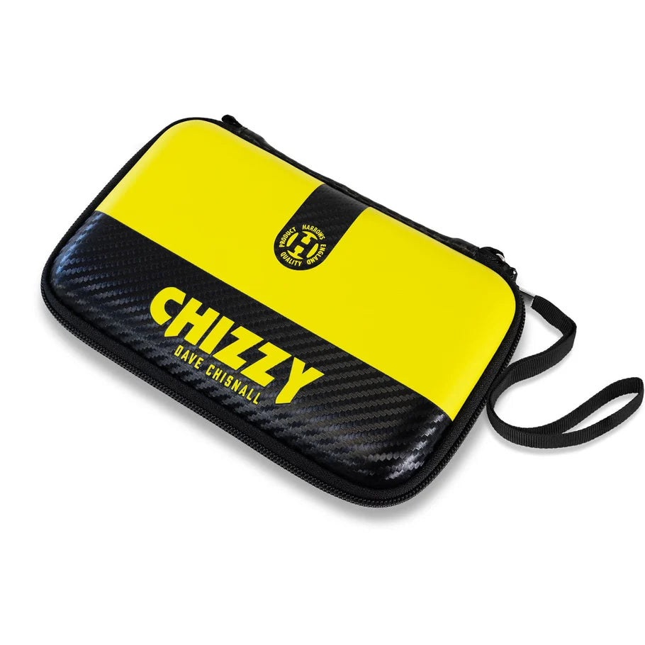 Yellow and black EVA hard dart case angled view, carbon fiber texture, zip closure, Chizzy logo, wrist strap, dart storage accessory
