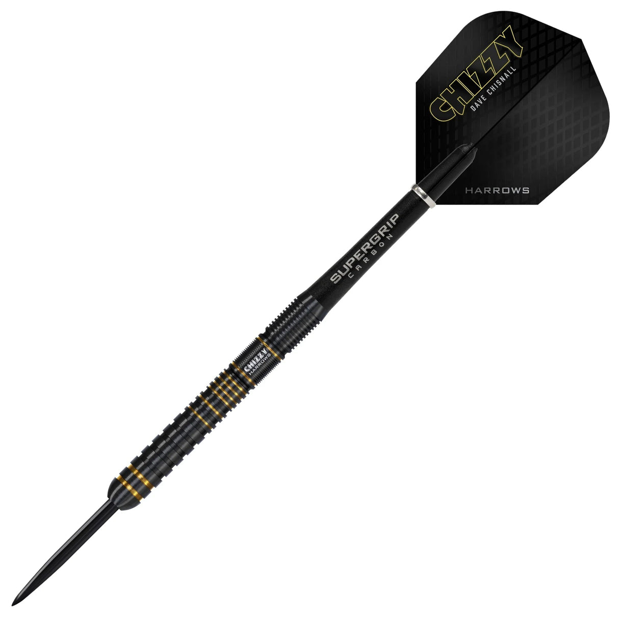 Full view tungsten dart isolated on white, showcasing black and gold grip rings, textured barrel, and Chizzy signature flight design