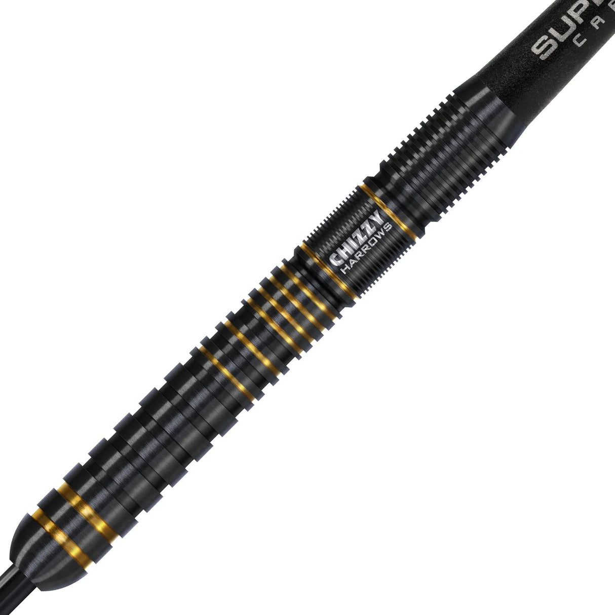 Close-up angled dart barrel showing black and gold ringed grip, precise milling, and Chizzy Series 3 tungsten engraving