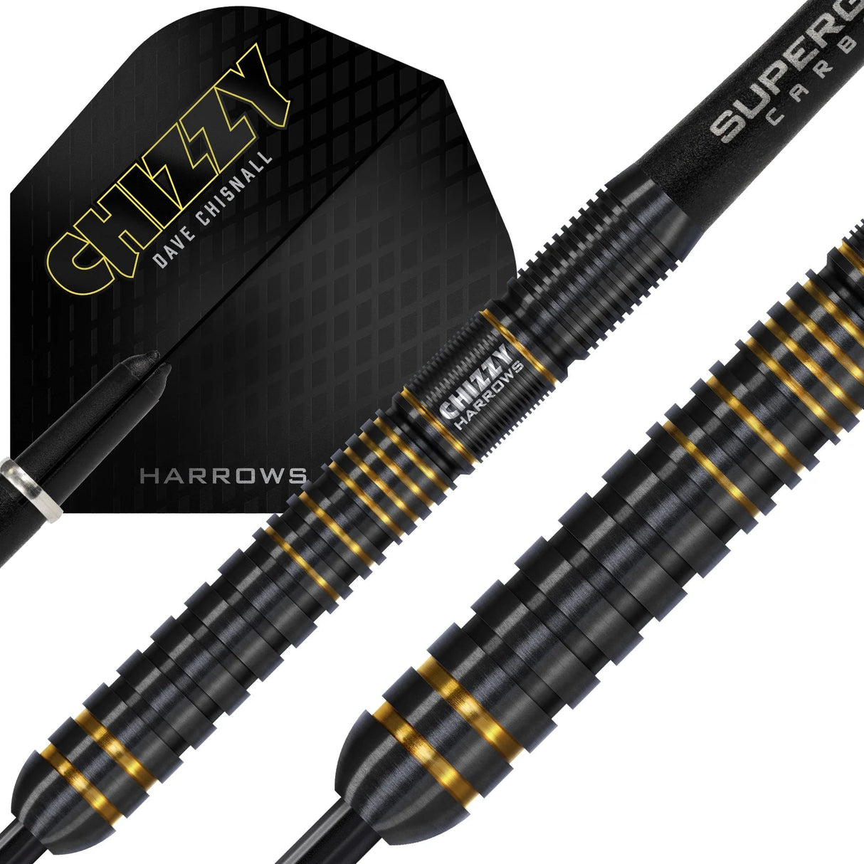 Close-up of Chizzy Series 3 tungsten dart barrel with gold ringed grip and flight, detailed engraving, isolated for dart players