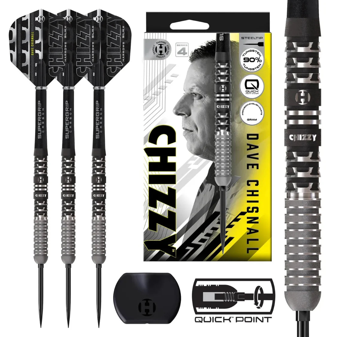 Triple set of 90% tungsten steel tip darts displayed with retail packaging, detailed barrel grip close-up, and Quick Point tool.
