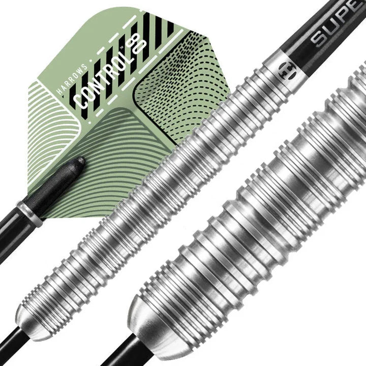 Macro close-up of 80% tungsten darts highlighting parallel ringed grip texture and detail with visible dart flight and barrels