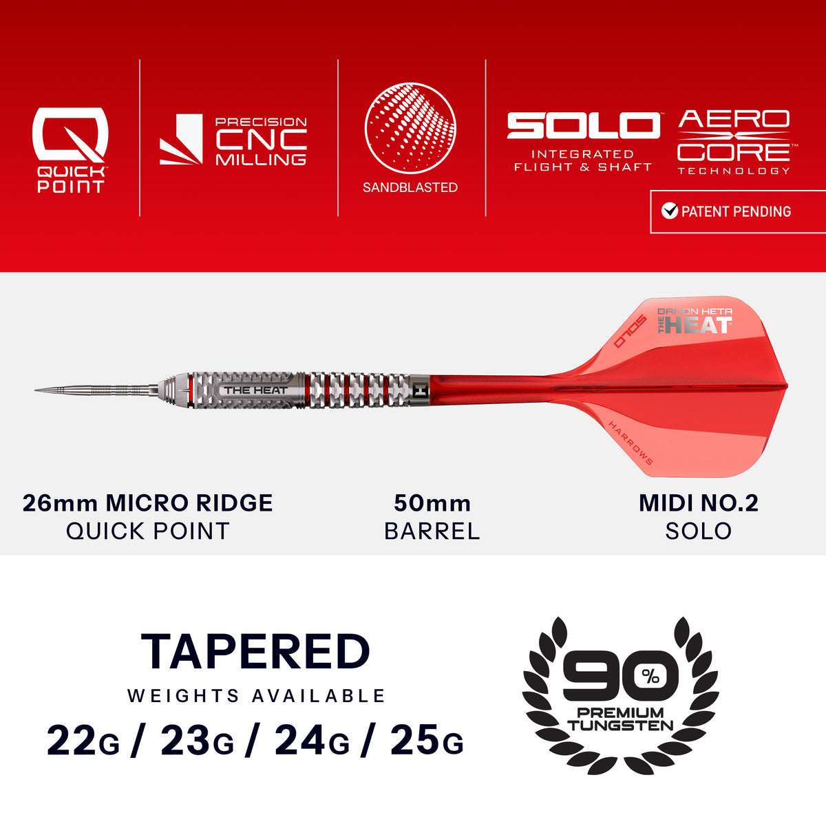 Damon Heta Geo dart specification: 50mm tapered barrel, 26mm Micro Ridge Quick Point and Midi No.2 Solo, 22g to 25g