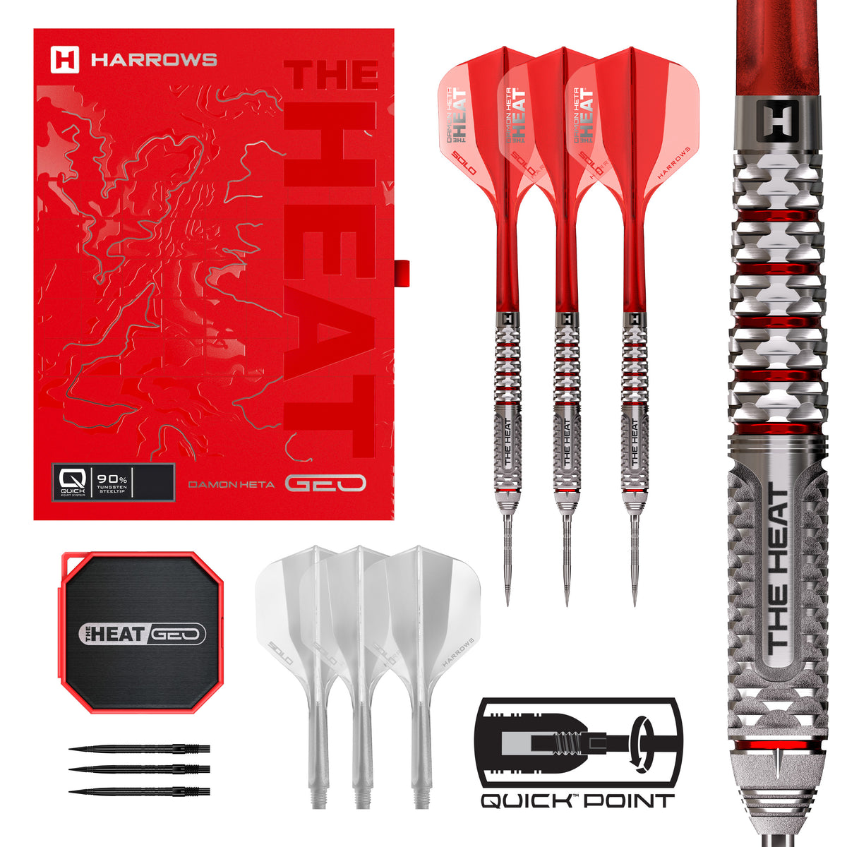 Harrows Damon Heta Geo 90% tungsten Quick Point darts with red 'The Heat' Solo No.2 flights, Quick Point case and retail box