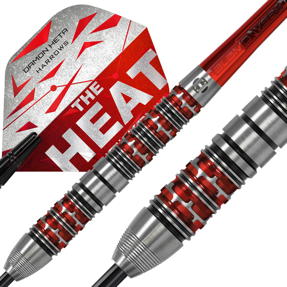 Macro close-up of 90% tungsten dart barrel with red grooves, textured grip rings, and bold 'The Heat' flight design for dart players