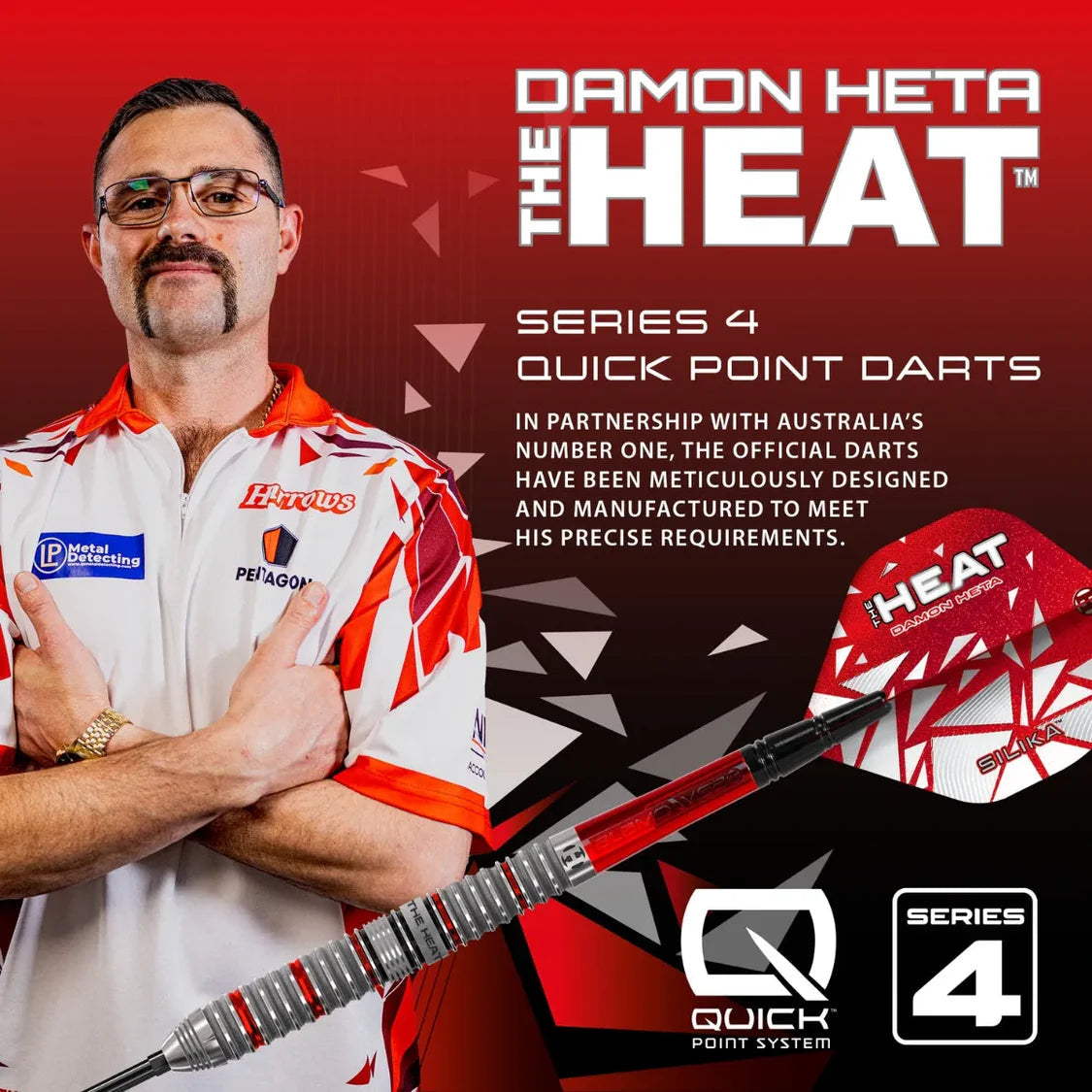 Angled view of Damon Heta Series 4 tungsten dart highlighting grip rings, red flight design, and Quick Point System beside player in themed shirt
