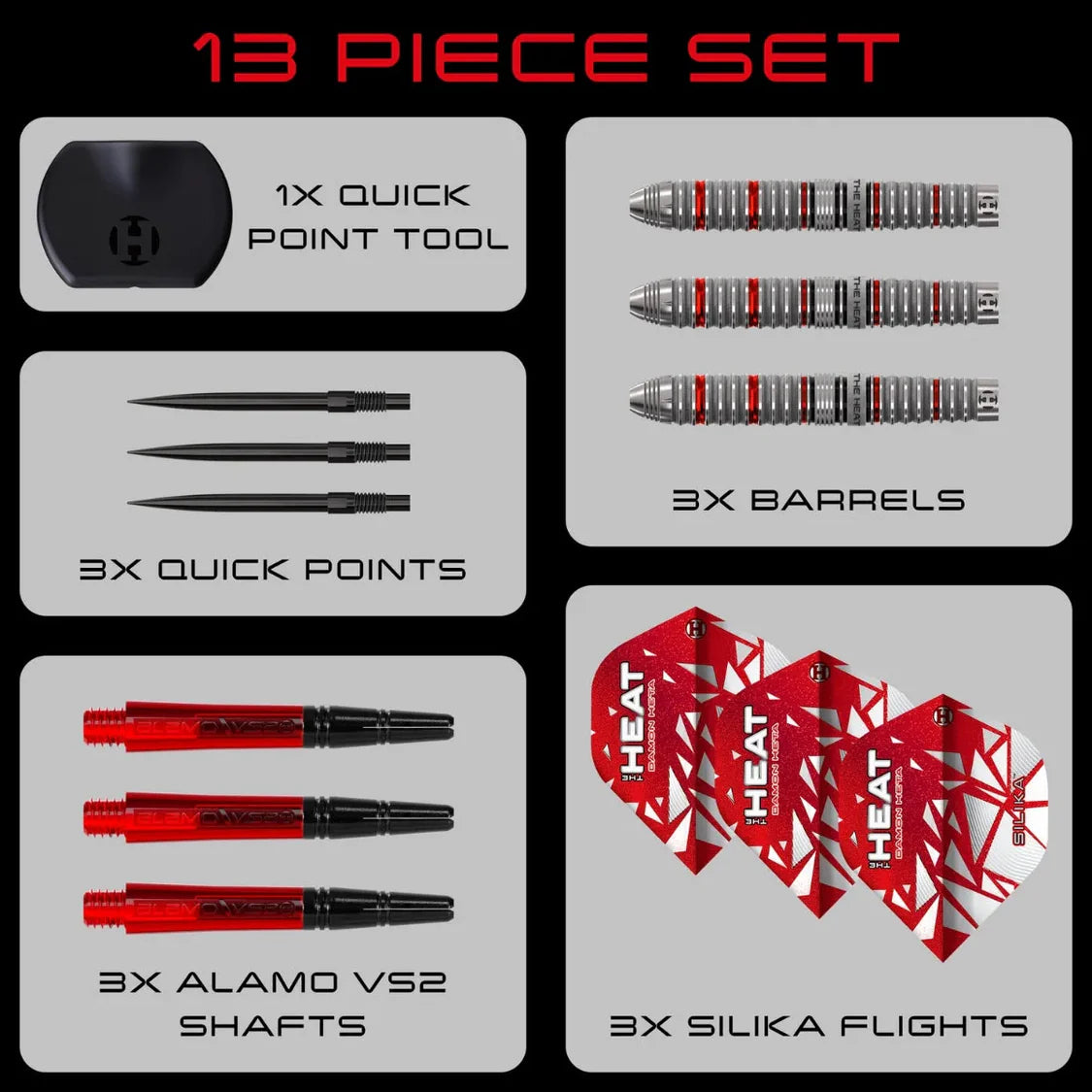 Top-down view showing dart set contents including 3 barrels, 3 red shafts, 3 black points, 3 red flights, and quick point tool.