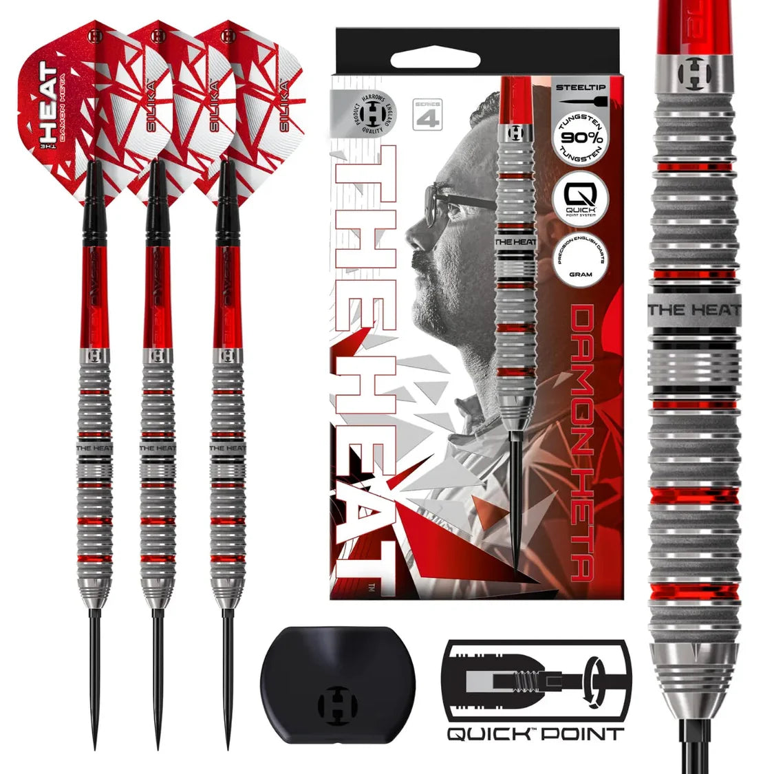 Harrows Damon Heta Series 4 darts set with 90% tungsten barrels, red flights, retail box, grip detail close-up, and quick point tool