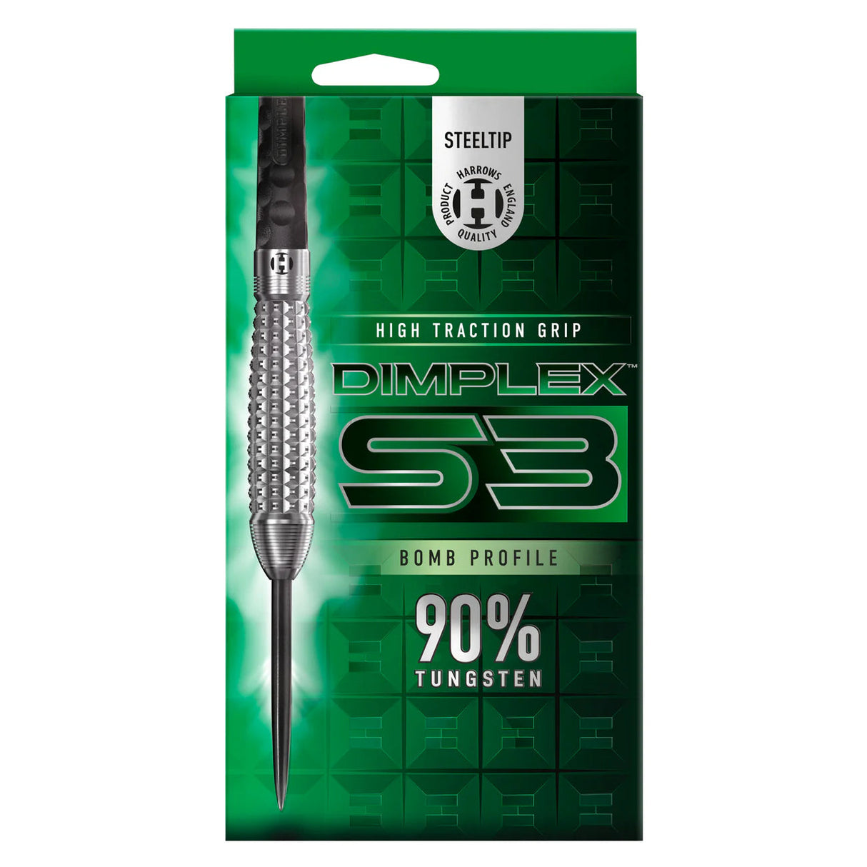 Steel tip dart with dimple grip and bomb profile shown in retail packaging, 90% tungsten dart set for advanced players