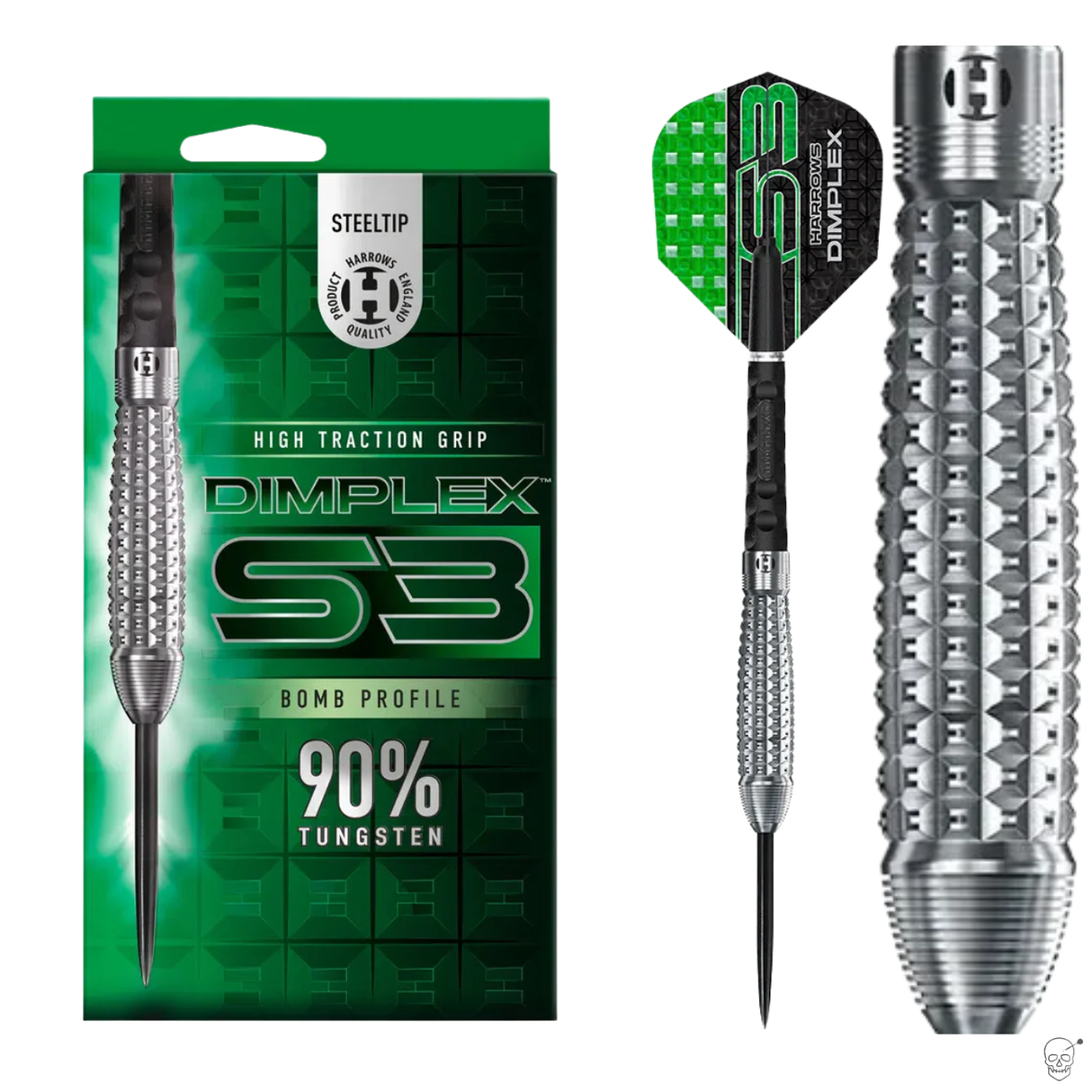 90% tungsten steel tip dart set with Dimplex bomb profile, high traction grip barrel, packaging, and close-up barrel texture