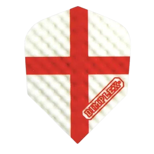 Close-up of England No.6 dart flight with red cross design, dimplex texture, isolated on white for darts accessories.
