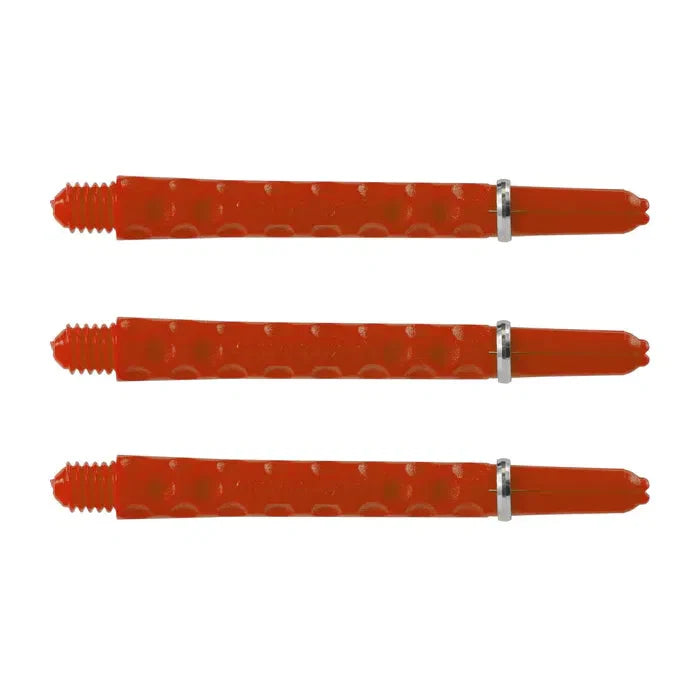 Set of three red Dimplex dart shafts with dimple grip and metal rings, full view on white background