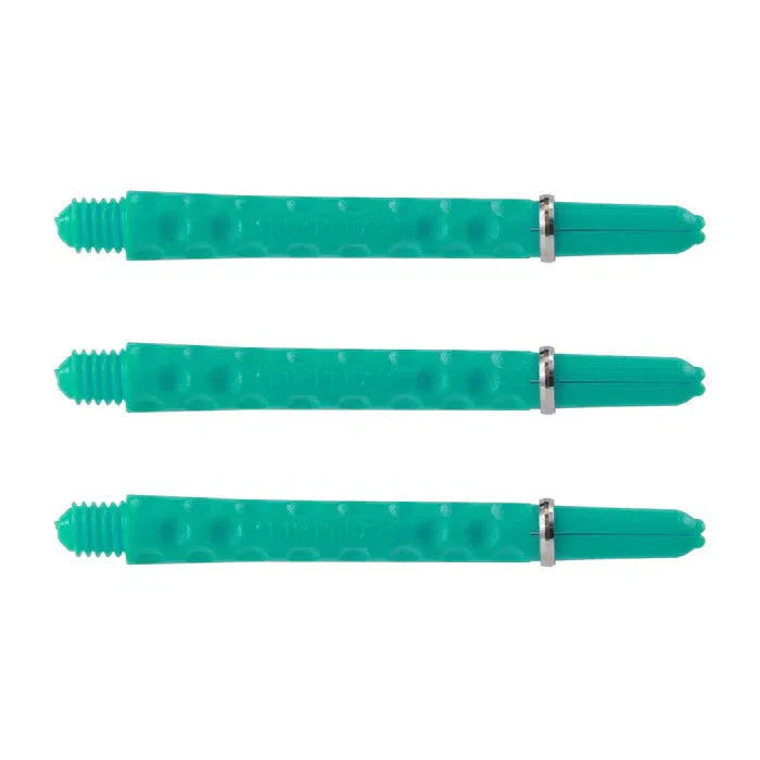 Three turquoise dimplex dart shafts with grip dimples and silver flight rings, top-down view, isolated on white background