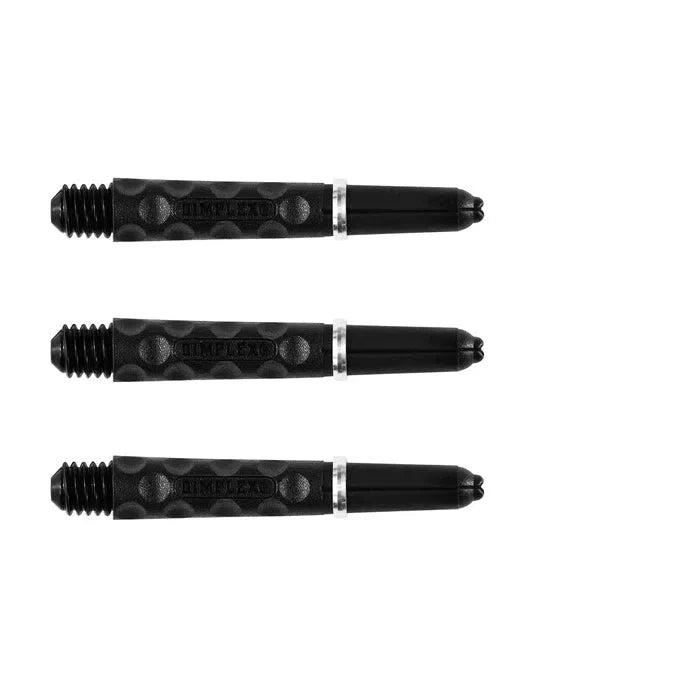 Three black dimplex dart shafts aligned side by side on white background, showing textured grip for improved dart control.