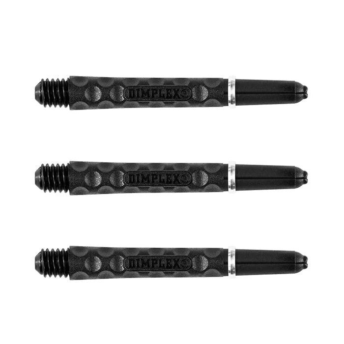 Three black dimplex dart shafts with dimpled grip texture and threaded ends, aligned on white background for darts equipment buyers
