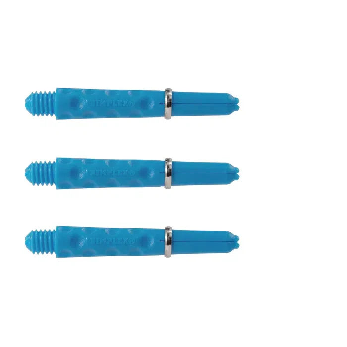Three blue dimplex dart shafts with dimpled grip texture and silver retaining rings displayed side by side on white background