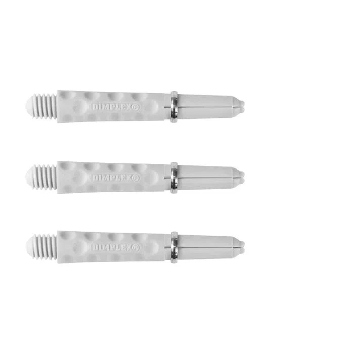 Three white dimplex dart shafts with dimpled grip texture, full product view on white background for dart accessories.