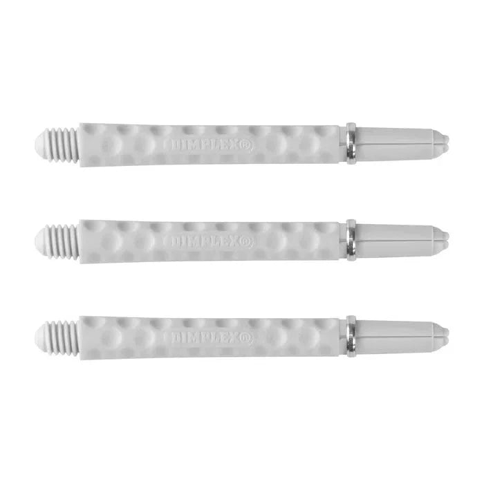Three white dimplex dart shafts displayed side by side on white background, highlighting grip texture and flight slots