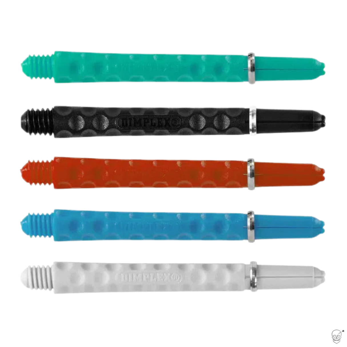 Five Dimplex dart shafts displayed side by side on white background, showcasing dimpled grip texture and assorted colors for dart accessories.