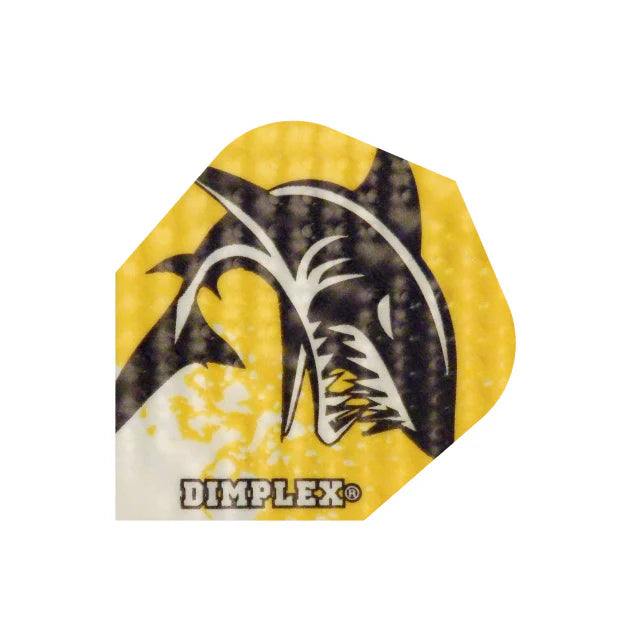 Close-up of No.6 dimpled dart flight with shark design and yellow background, highlighting Dimplex texture for darts
