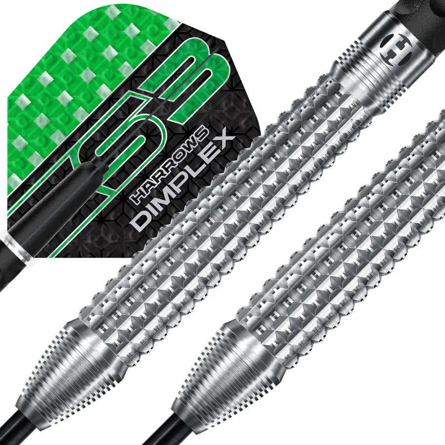 Close-up dart set with 90% tungsten barrels, dimple grip texture, tapered design, and green-black Dimplex flights