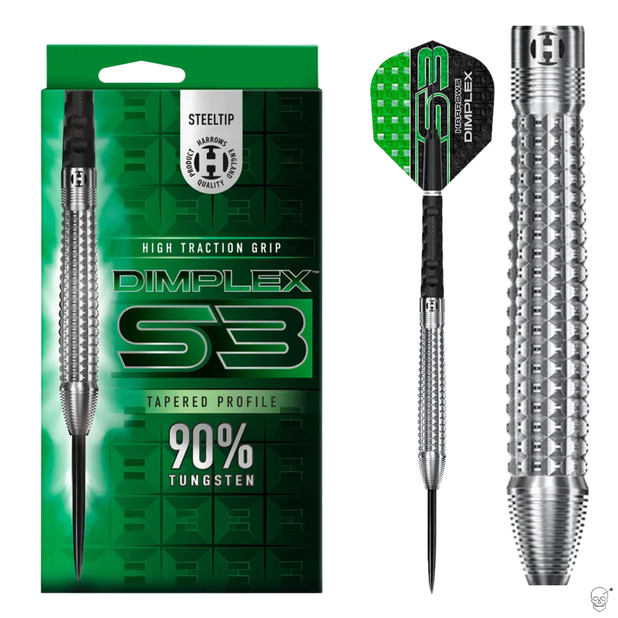 Tapered 90% tungsten steel tip dart with high traction dimple grip, shown in retail packaging and close-up barrel detail on white background