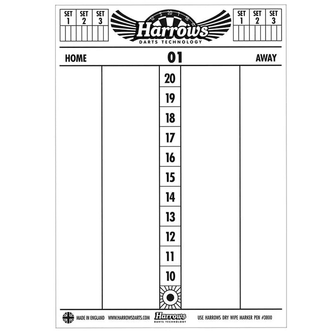 Dry wipe dart scoreboard flat-lay showing leg, set sections and numbered target zones for x01 dart games