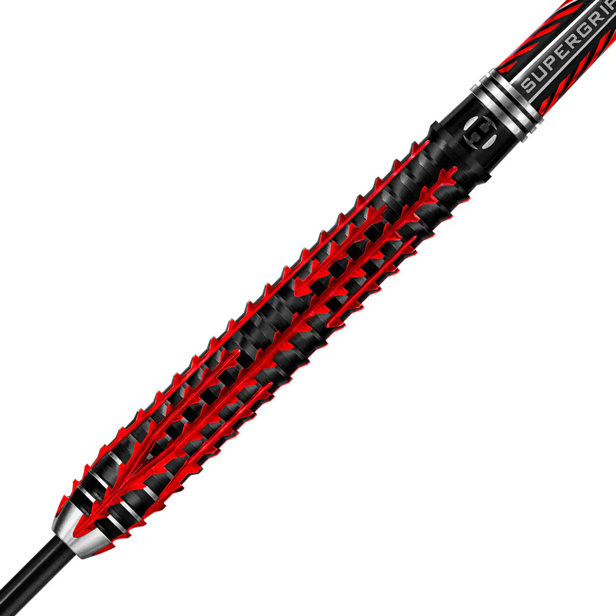 Macro close-up of Fire Inferno tungsten dart barrel showing detailed red and black grip and deep CNC-machined grooves