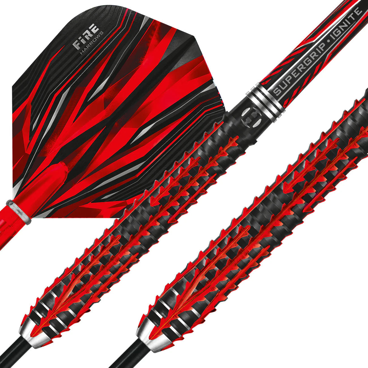 Close-up macro of tungsten dart barrel grip and red black flame flight, highlighting aggressive knurling and detailed dart features
