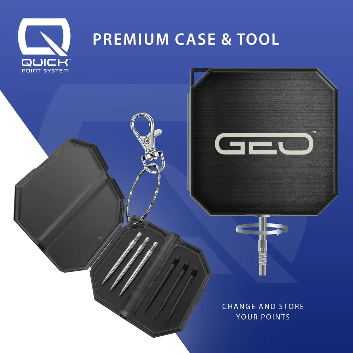 Angled shot of dart point storage case with metal replacement points, tool, and keychain, ideal for tungsten darts accessories