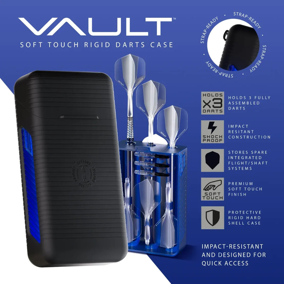 Rigid soft-touch darts case shown closed and open with three fully assembled darts and spare shafts, highlighting impact-resistant storage