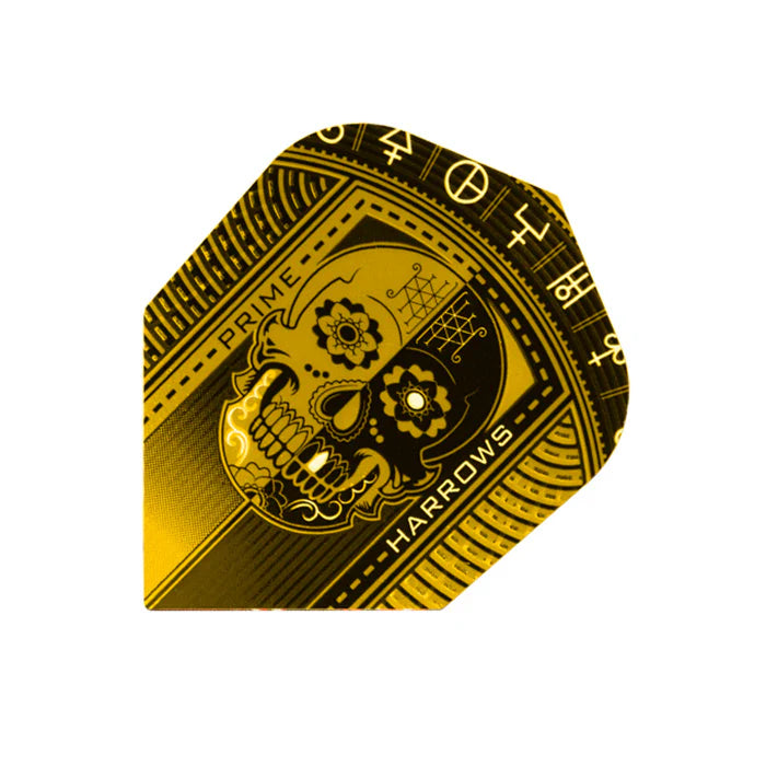 Gold No.6 dart flight close-up with intricate skull artwork, 100 micron thick, isolated on white background for dart equipment buyers