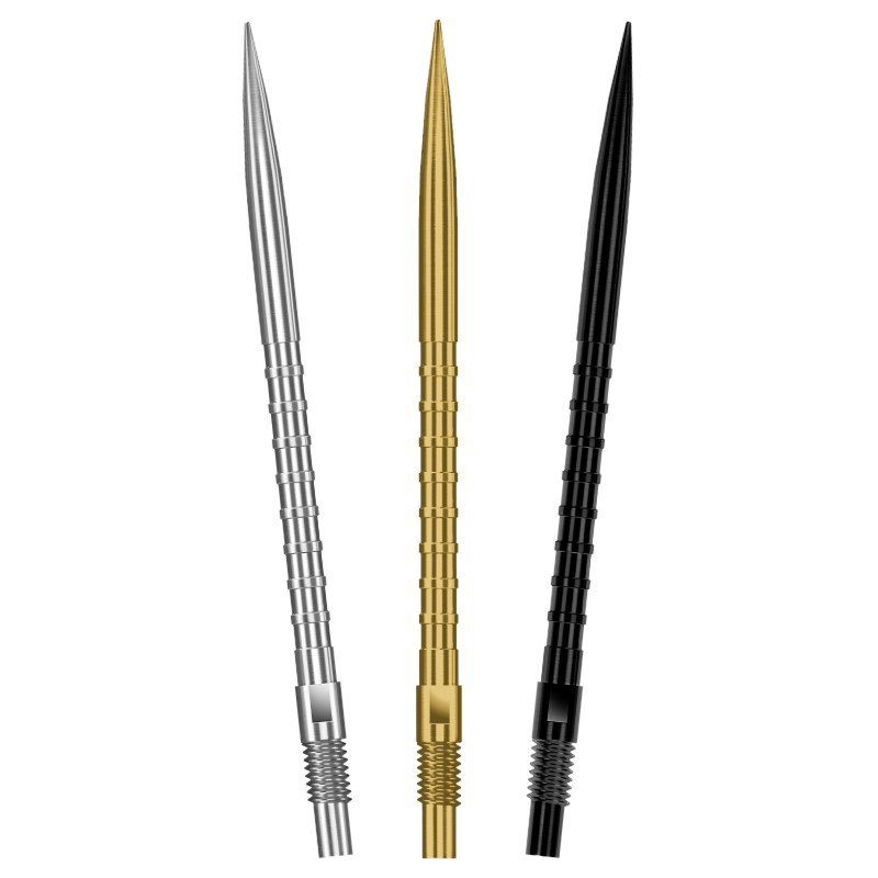 Harrows HM Grip Quick Points fanned in all three finishes - silver, gold and black - on a white background