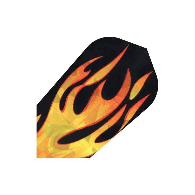 Close-up of slim dart flight with vibrant hologram flame pattern, isolated on white for detailed visual of design