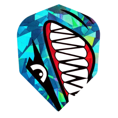 Close-up of hologram dart flight with bold shark teeth graphic, No.6 shape, vibrant blue geometric background