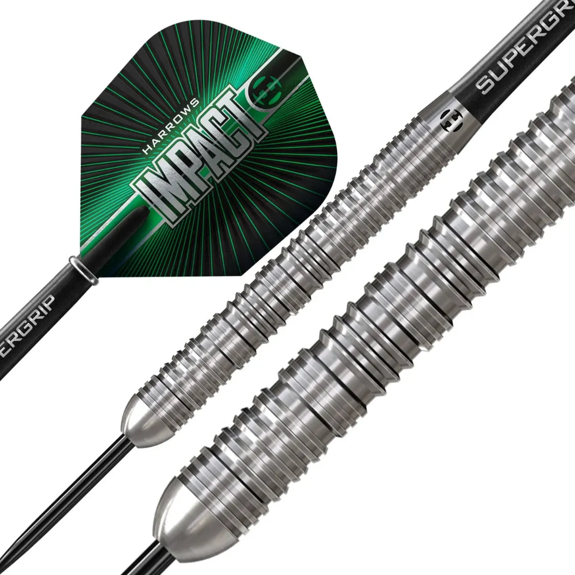 Close-up of tungsten darts with precision grip grooves and green Impact flight, angled view for dart equipment buyers