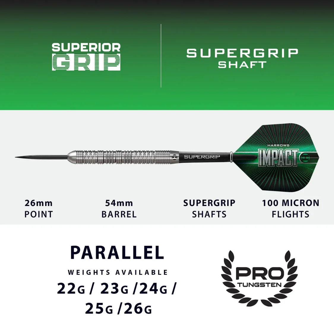Parallel tungsten dart full side view on white background showing superior grip barrel, supergrip shaft, 100 micron flight, and measurements