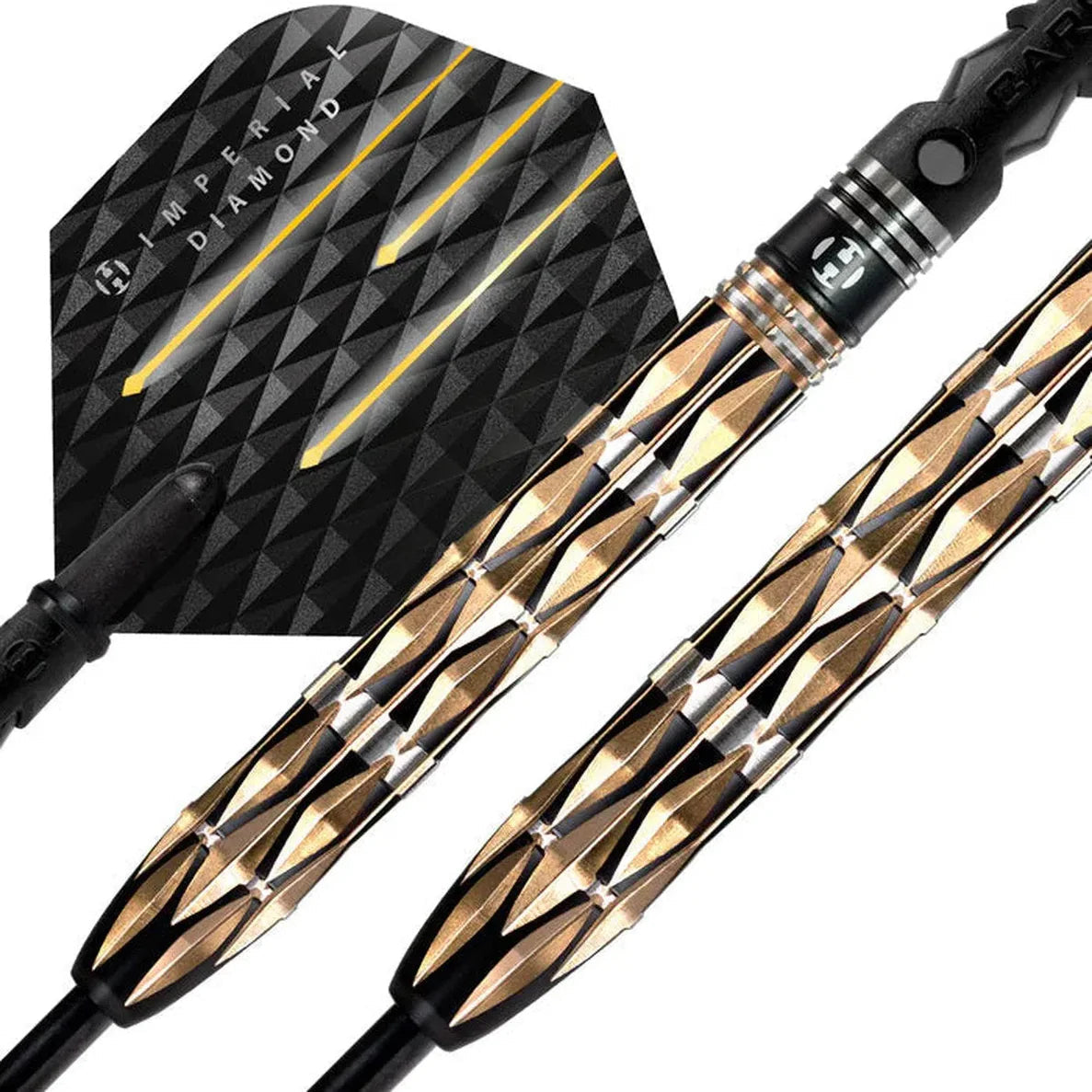 Macro close-up of 90% tungsten dart barrels with precision diamond grip and textured black and gold flights for advanced grip control